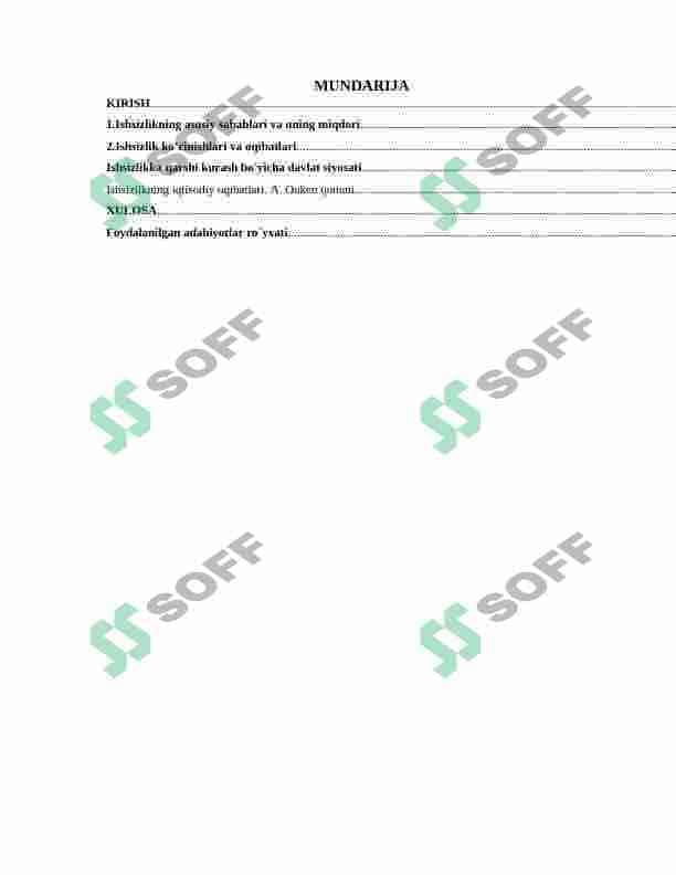 O‘zbekistonda ishsizlik, zamonaviy shakllari, sabablari, kamaytirish usullari. 2