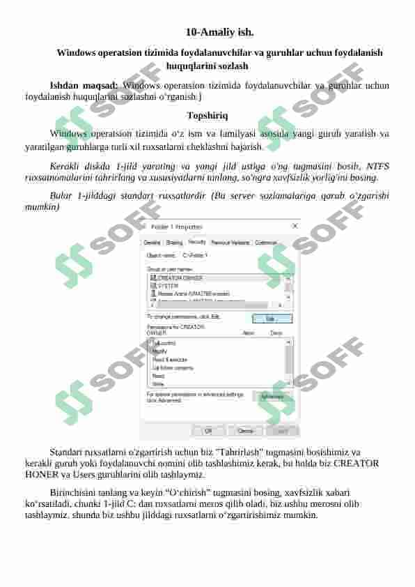 Windows operatsion tizimida foydalanuvchilar va guruhlar uchun foydalanish huquqlarini sozlash 2