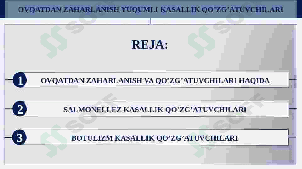 OVQATDAN ZAHARLANISH YUQUMLI KASALLIK QO’ZG’ATUVCHILARI. SALMONELLEZ VA BOTULIZM KASALLIK QO’ZG’ATUVCHILARI LABARATOR TASHXISI. 2
