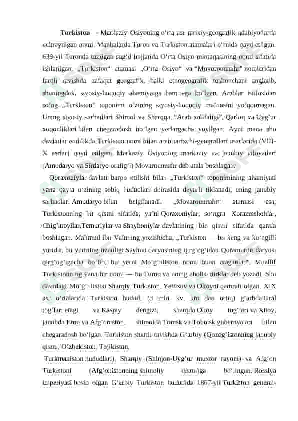 O'zbekistonning eng yangi tarix fanidan TURKISTON O’LKASIDA ROSSIYA IMPERIYASINING MUSTAMLAKACHILIK O’RNI ” mavzusida referat 2