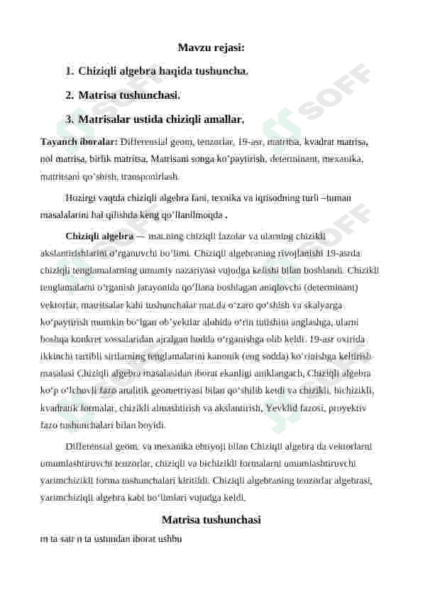 “Mashinali o’qitishga kirish” fanidan. Chiziqli algebraning asosiy tushunchalari. 2