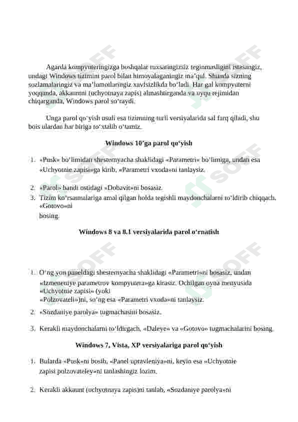 Operatsion Tizimda (Windows OT) parolga asoslangan autentifikasiya mexanizmini o’rnatish va sozlashni o’rganish 2