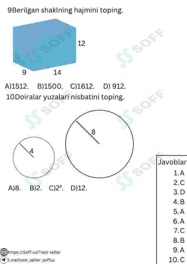 Majburiy matematikadan 10talik testlar. 2