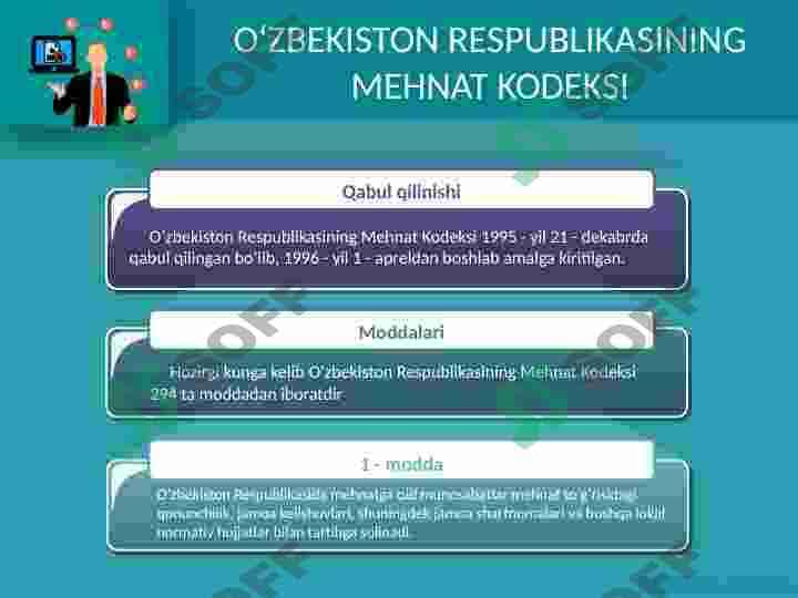 O’zbekiston Respublikasi Mehnat Kodeksi - mehnat huquqining asosiy manbai. O’zbekiston Respublikasi Prezidenti Farmonlari, Hukumat qarorlari, vazirliklar, idoralar va davlat qo’mitalari me’yoriy hujjatlari - mehnat huquqining manbai sifatida 2