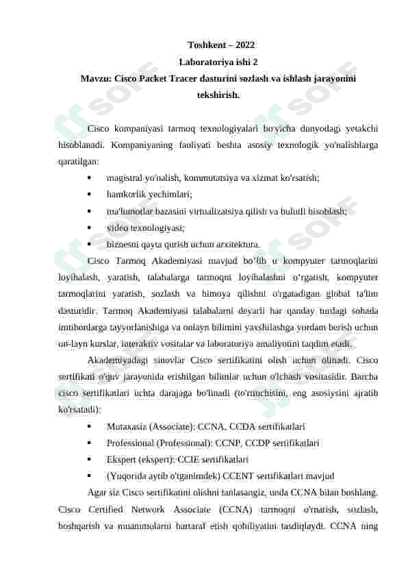 Cisco Packet Tracer dasturini sozlash va ishlash jarayonini tekshirish. 2
