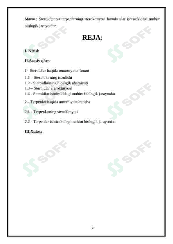 STEROIDLAR VA TERPENLARNING STEROKIMYOSI HAMDA ULAR ISHTIROKIDAGI MUHIM BIOLOGIK JARAYONLAR. 2