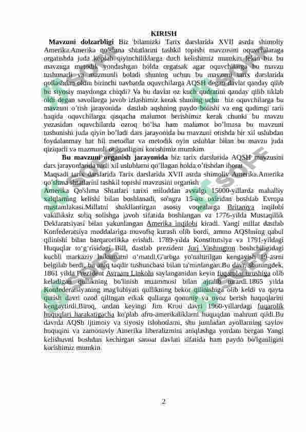 Tarix darslarida XVII asrda shimoliy Amerika.Amerika qo’shma shtatlarini tashkil topishi 2