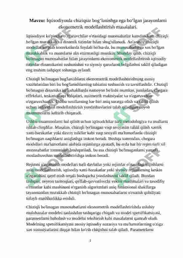 Referat | Iqtisodiyotda chiziqsiz bog‘lanishga ega bo‘lgan jarayonlarni ekonometrik modellashtirish masalalari. 2
