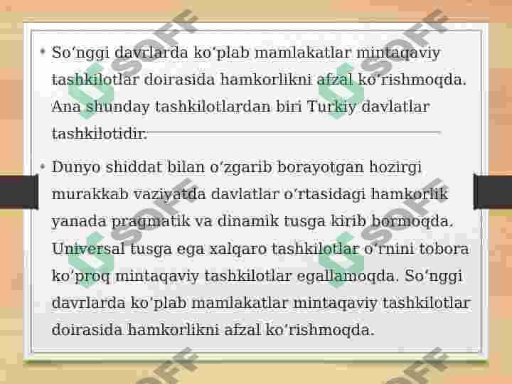O'zbekiston turkiy davlatlar tashkiloti bilan hamkorligi to'g'risida 2
