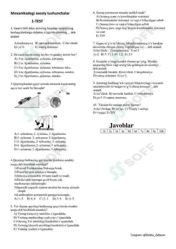 Mexanikadagi asosiy tushunchalar || KINEMATIKA || 1-TEST 2
