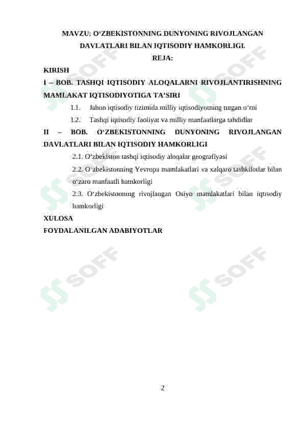 O‘ZBEKISTONNING DUNYONING RIVOJLANGAN DAVLATLARI BILAN IQTISODIY HAMKORLIGI. 2