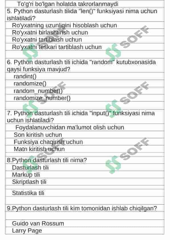 “Zamonaviy dasturlash tillari ”FANIDAN 30 ta test 2