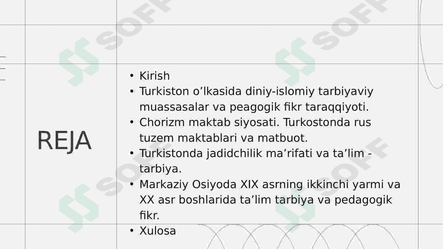 XIX asrning ikkinchi yarmi va XX asr boshlarida ta'lim va pedagogik fikrlar (Anbar otin, Furqat, Saidahmad Siddiqiy, Abdulla Avloniylarning ta'lim-tarbiya taraqqiyotida tutgan o'rni). 2