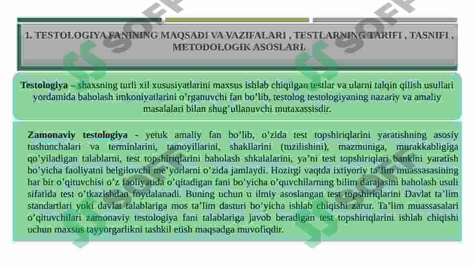 Testalogiya fanining metodologik asoslari. Nostandart test-pedagogik kvalimetriya nazorat va baholash texnologiyasi sifatida 3