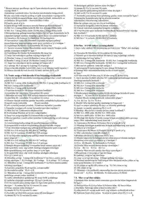 Tarix fanidan mavzulashtirilgan testlar 3