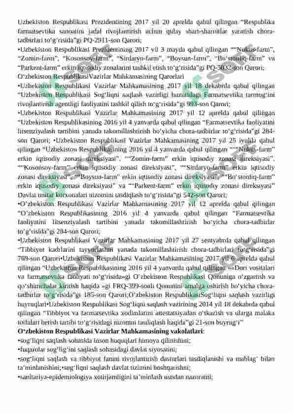 O‘ZBEKISTON RESPUBLIKASI DORI VOSITALARI BILAN TA’MINLASH TIZIMI VA FARMATSEVTIKA BOZORI DORI VOSITALARI MUOMALASI DOIRASIDA DAVLAT TARTIBI 3