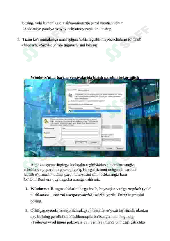 Operatsion Tizimda (Windows OT) parolga asoslangan autentifikasiya mexanizmini o’rnatish va sozlashni o’rganish 3