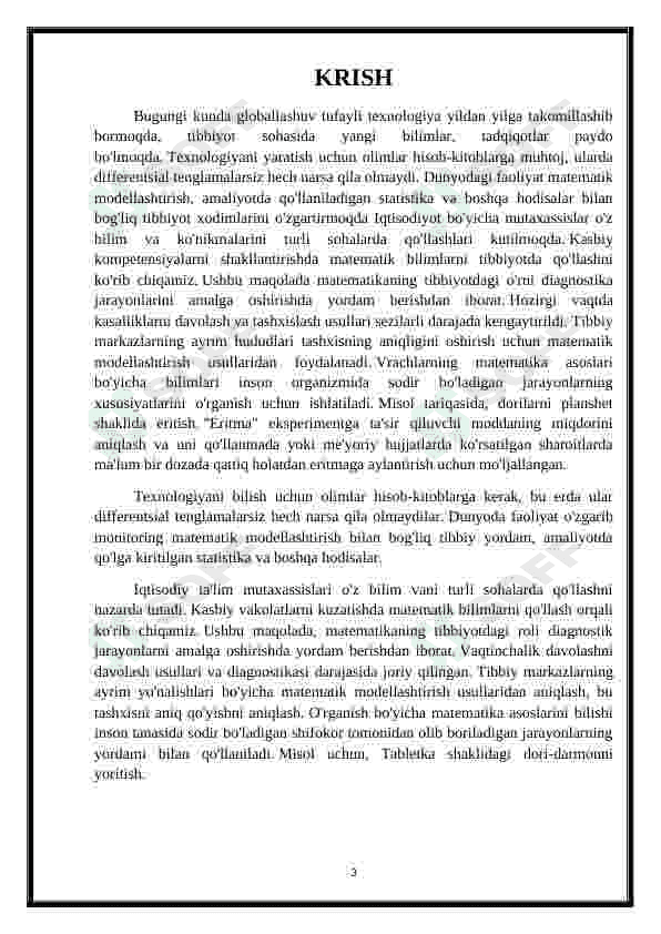 Tibbiy-biologik mazmundagi differensial tenglamalarni tuzish va yechish. Tibbiyot, biologiyava farmatsiyaning amaliy masalalarini ochib berish 3