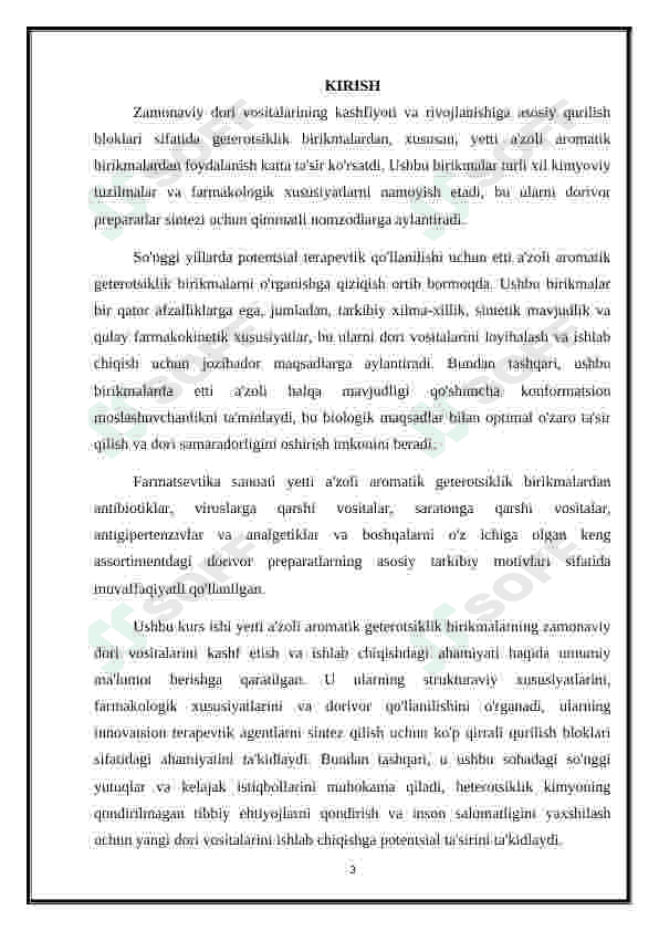 Geteroxalqali birikmalar asosida ishlab chiqariladigon zamonaviy dori vositalari. Dorivor preparatlar tarkibidagi yetti a’zoli aromatik birikmalar 3