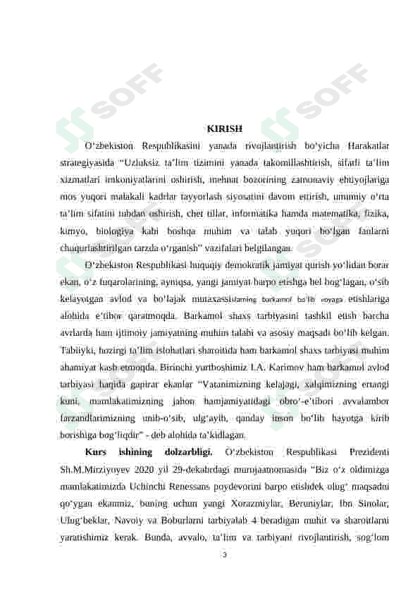 BOSHLANG'ICH SINF O'QUVCHILARINI INNOVATSIYON TEXNALOGIYALAR VOSITASIDA MA'NAVIY-AXLOQIY FAZILATLARINI TARBIYALASH YO'LLARI kurs ishi 3