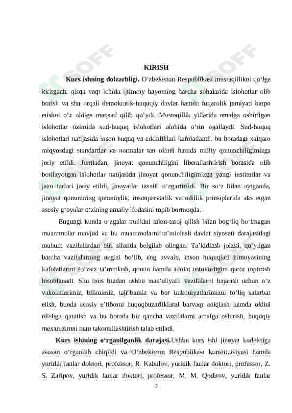 “O‘ZGALAR MULKINI TALON TAROJ QILISH BILAN BOG‘LIQ BO‘LMAGAN JINOYATLAR” 3