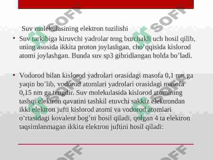Suv molekulasining tuzilishi. Suvning kimyoviy xossalari . Suvni tozalash 3