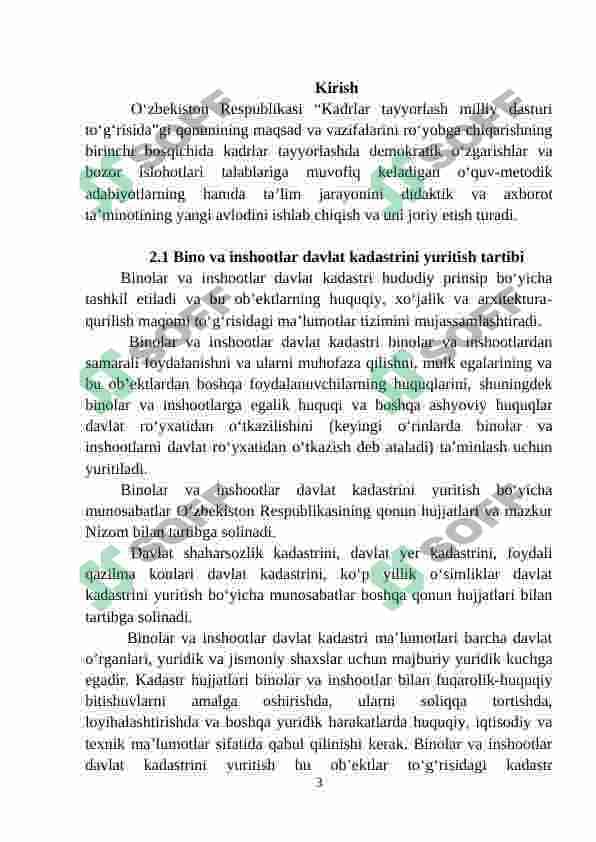 Bino va inshootlar davlat kadastrini yuritish bosqichlari  mavzusi 3