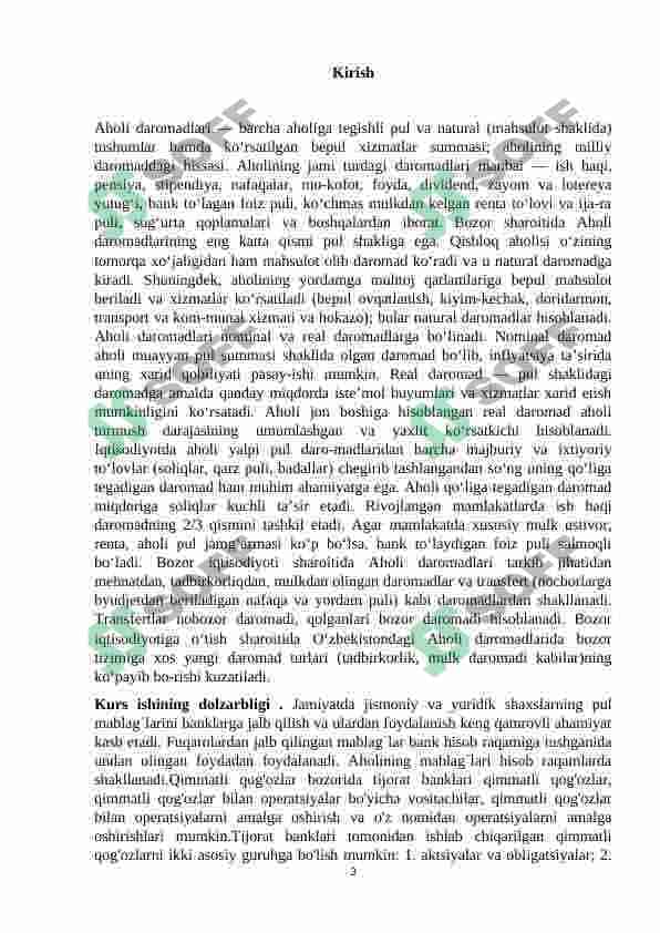 Aholi daromadlari , uning turlari va shakllanish manbalari kurs ishi 3