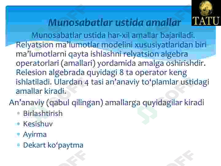 Relyatsion algebra va relyatsion hisoblash elementlari. 3