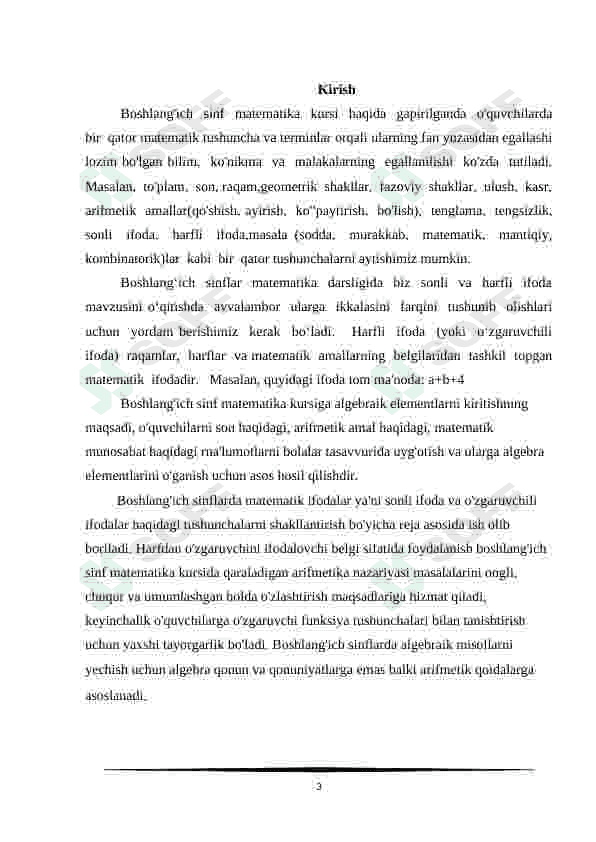 Boshlang'ich sinflarda sonli va harfli ifodalar ustida amallar kurs ishi 3