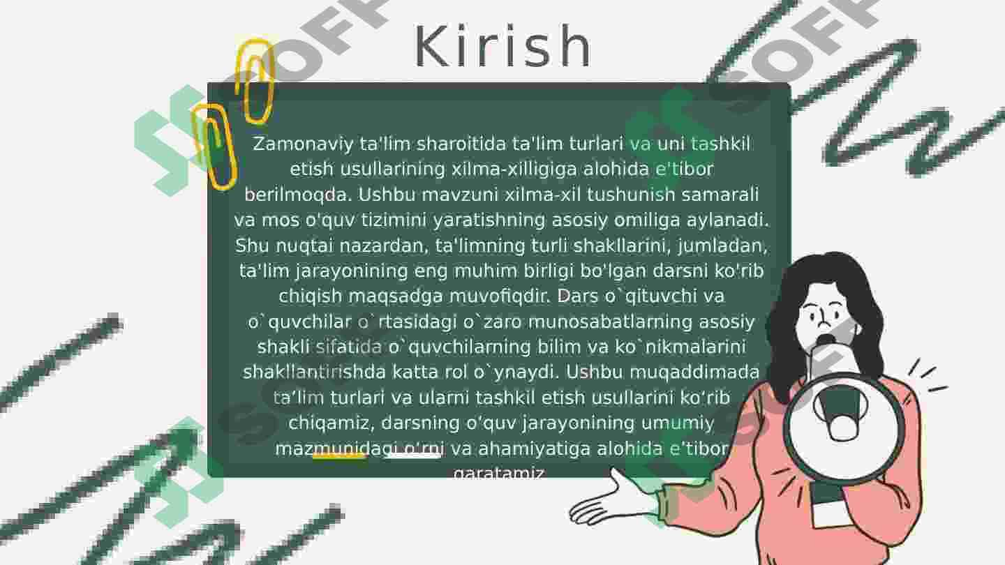 Ta'limni tashkil etish turlari va shakllari. Dars - ta'limni tashkil etishning asosiy shakli. Boshlang’ich ta’limda o’quvchilarning bilim, ko’nikma va malakalarini tashxis etish 3
