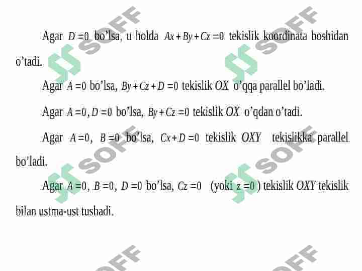 Fazoda tekislikning tenglamasi. Fazoda to'g'ri chiziqning umumiy tenglamasi va uning turli xil ko'rinishlari. 3