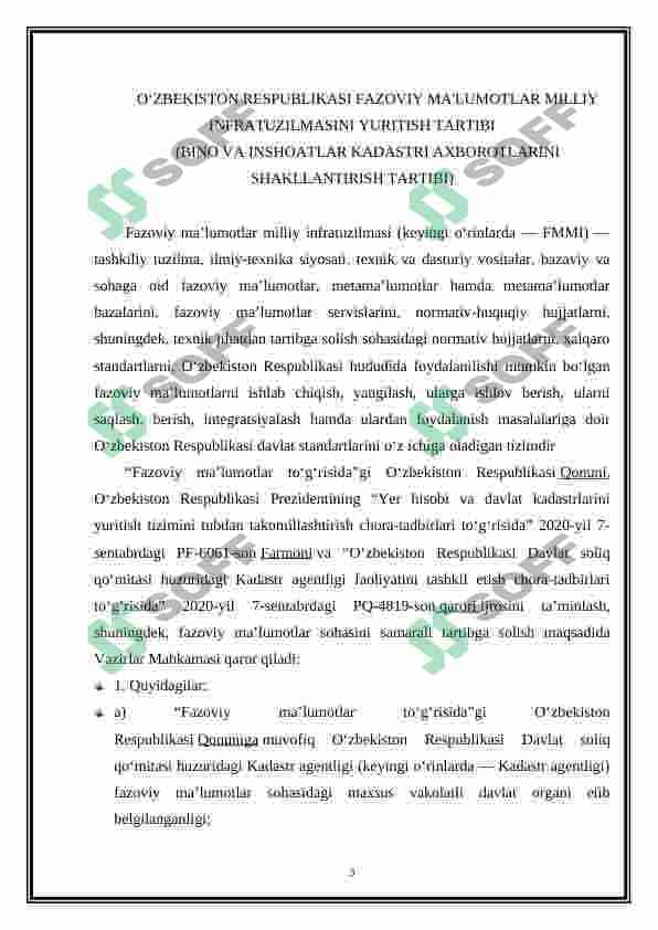 O‘ZBEKISTON RESPUBLIKASI FAZOVIY MA'LUMOTLAR MILLIY INFRATUZILMASINI YURITISH TARTIBI (BINO VA INSHOATLAR KADASTRI AXBOROTLARINI SHAKLLANTIRISH TARTIBI) 3