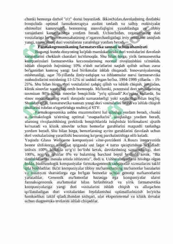 Dori vositalariga inson tanasining sezgirligining genetik asoslari.(Farmakogenomika) 4