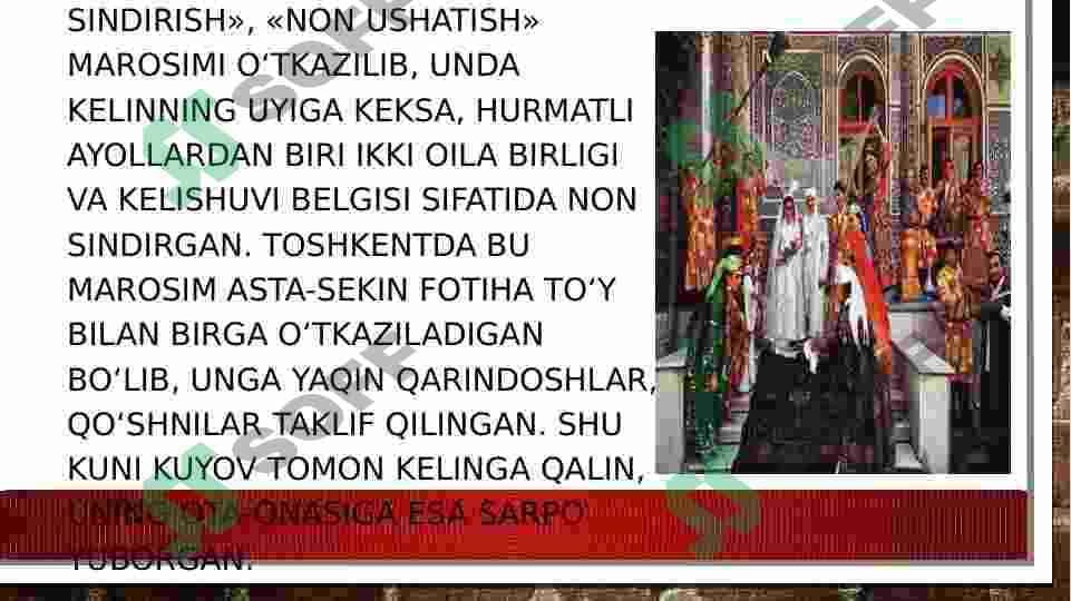 Oilaviy maishiy marosimlar: To'y marosimlari-nikoh to'yi,to'ylarni o'tkazish bilan bog'liq bo'lgan an'ana hamda marosimlar. 4