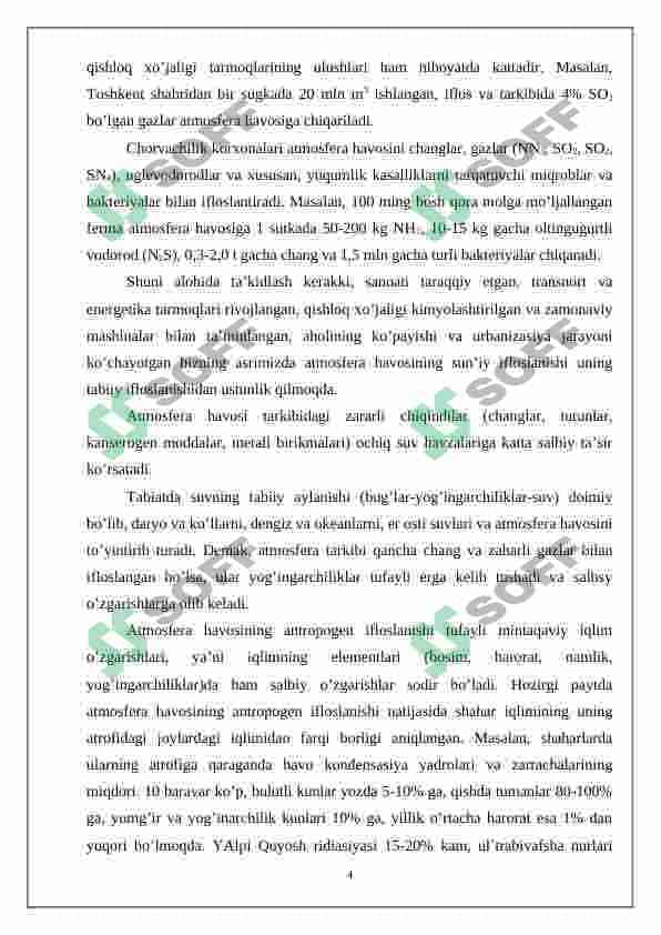 ATMOSFERA HAVOSI IFLOSLANISHINING IJTIMOIY IQTISODIY OQIBATLARI, UNING OLDINI OLISH VA KAMAYTIRISH CHORA-TADBIRLARI 4
