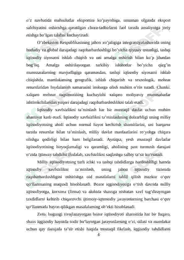 O‘ZBEKISTONNING DUNYONING RIVOJLANGAN DAVLATLARI BILAN IQTISODIY HAMKORLIGI. 4