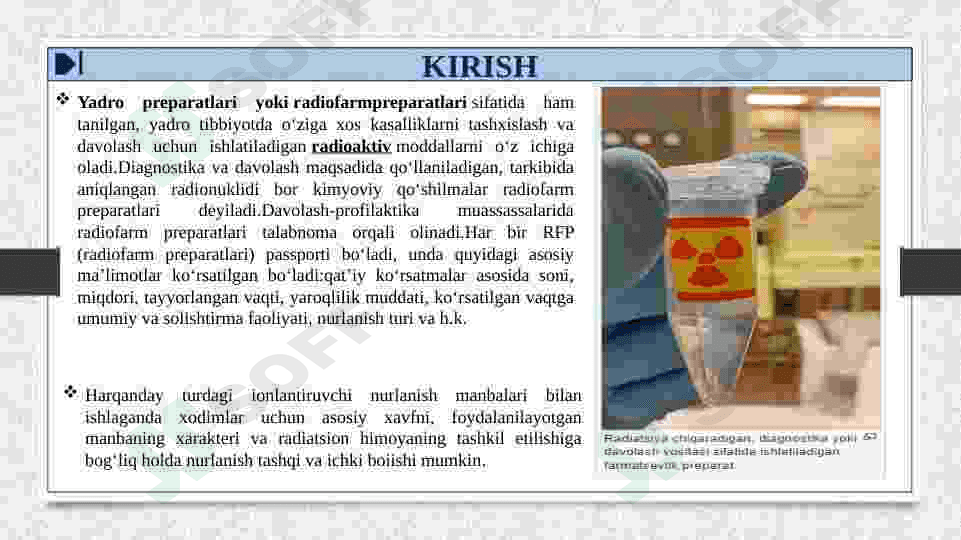 DPM LARDA INM LARDAN FOYDALANILGANDA DOZIMETRIK VA RADIOMETRIK NAZORAT O'TKAZISH ASOSLARI 4