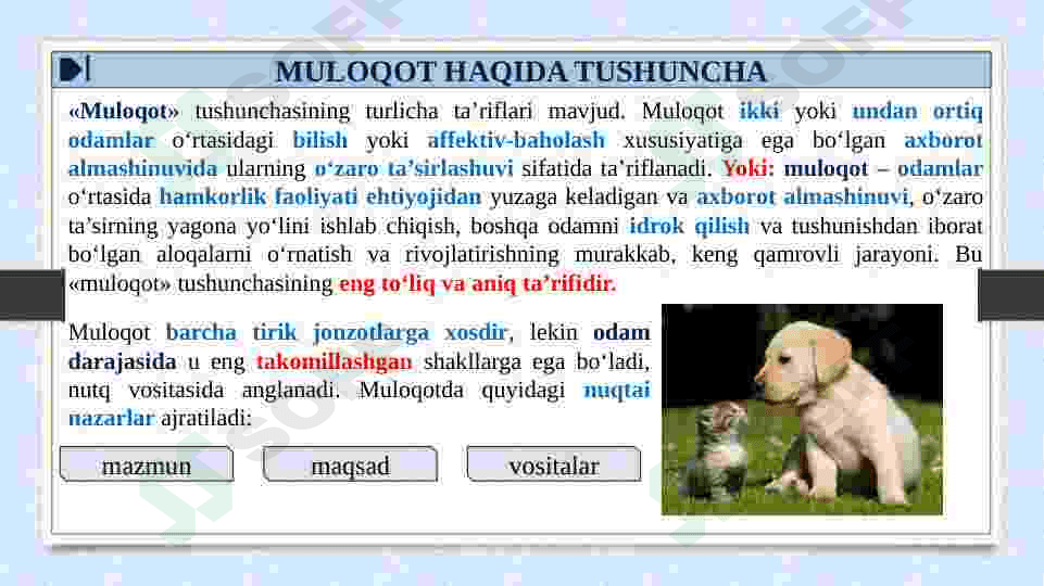 MULOQOT VA MUNOSABAT TO'G'RISIDA TUSHUNCHA.MULOQOT JIHATLARI(KOMMUNIKATIV, INTERAKTIVPERTSEPTIV) VA TA'SIR VOSITALARI. VERBAL NOVERBAL 4