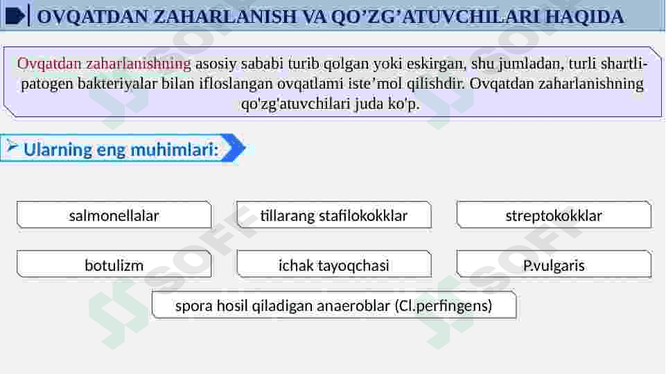 OVQATDAN ZAHARLANISH YUQUMLI KASALLIK QO’ZG’ATUVCHILARI. SALMONELLEZ VA BOTULIZM KASALLIK QO’ZG’ATUVCHILARI LABARATOR TASHXISI. 4