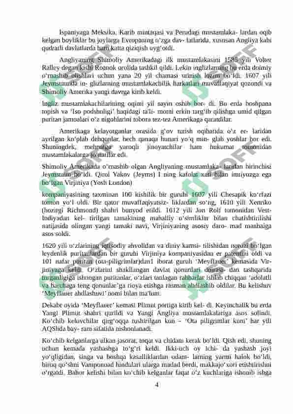 Tarix darslarida XVII asrda shimoliy Amerika.Amerika qo’shma shtatlarini tashkil topishi 4