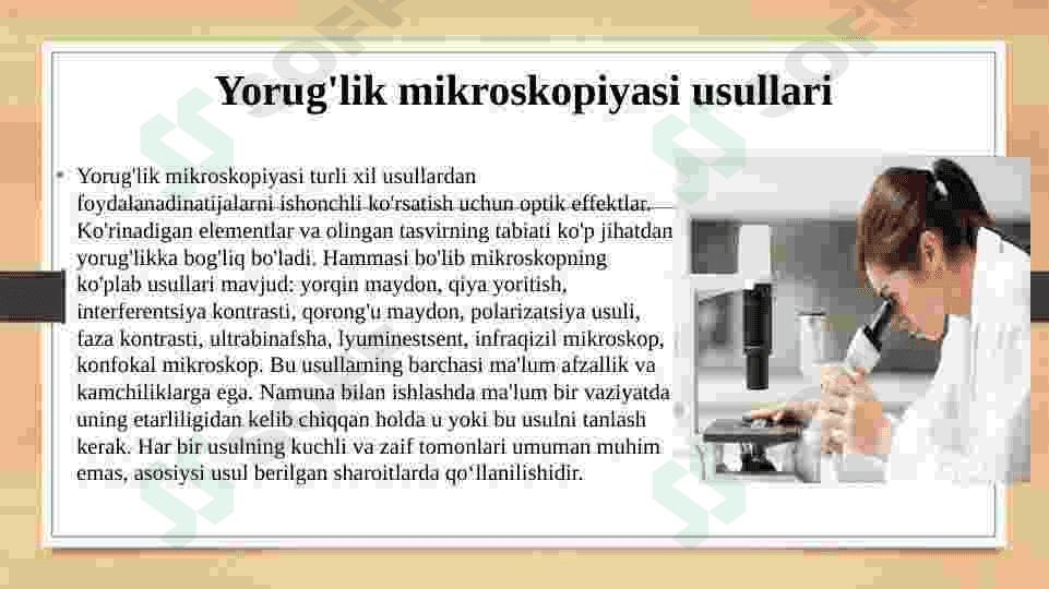 Elektron mikroskoplar (skanirlovchi va transmission mikroskoplar) va mikroskopiya usullarining biologiya va tibbiyotdagi ahamiyati. 4