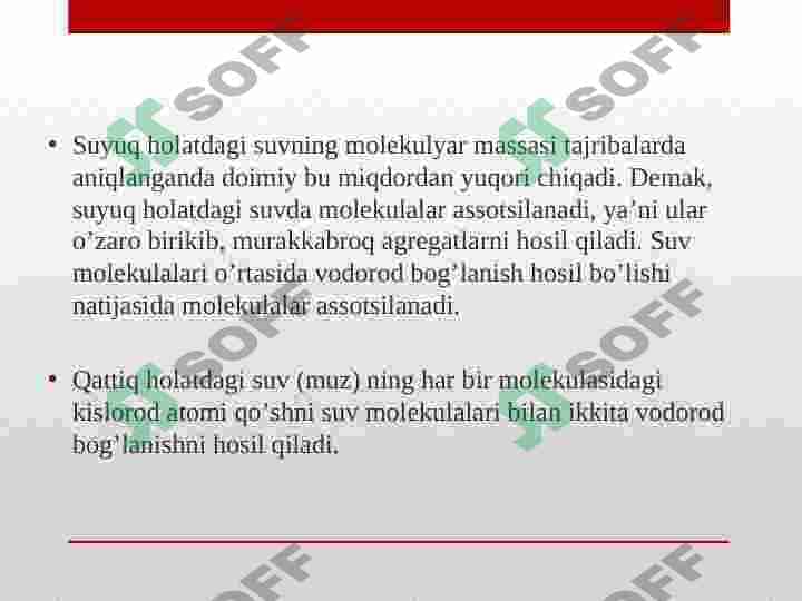 Suv molekulasining tuzilishi. Suvning kimyoviy xossalari . Suvni tozalash 4