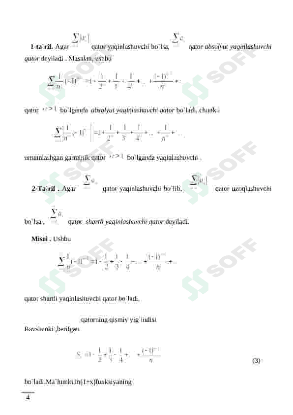 Absolyut yaqinlashuvchi qatorlarning xossalari. Shartli yaqinlashuvchi qatorlar. Riman teoremasi 4