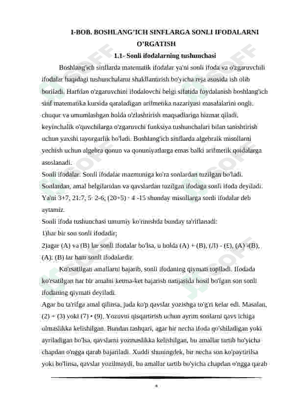 Boshlang'ich sinflarda sonli va harfli ifodalar ustida amallar kurs ishi 4
