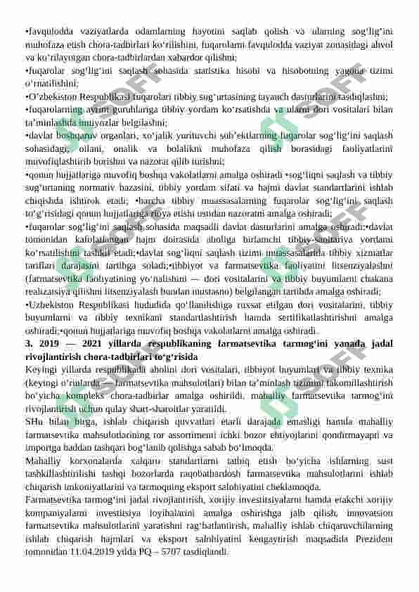 O‘ZBEKISTON RESPUBLIKASI DORI VOSITALARI BILAN TA’MINLASH TIZIMI VA FARMATSEVTIKA BOZORI DORI VOSITALARI MUOMALASI DOIRASIDA DAVLAT TARTIBI 4