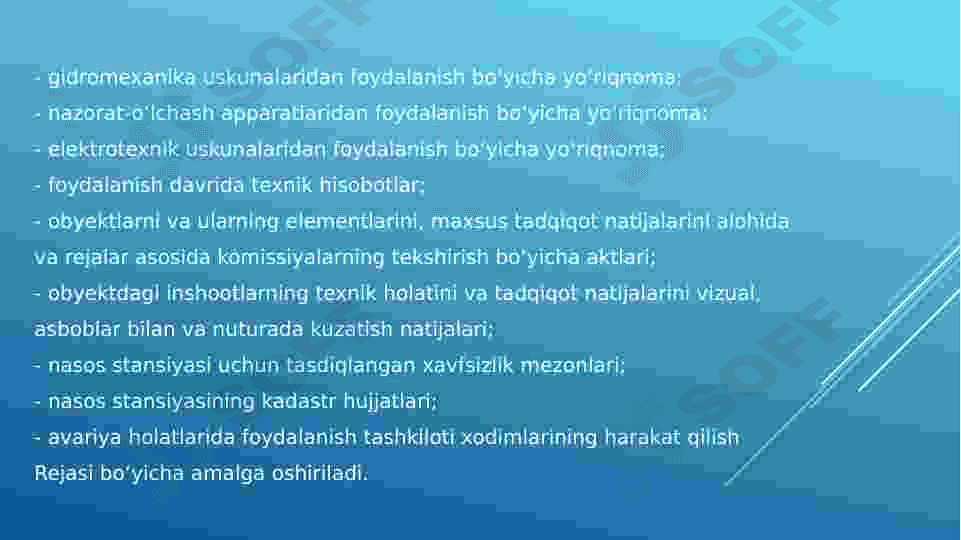 Yer osti suvlarini olish uchun mo‘ljallangan nasos stansiyalari. 4