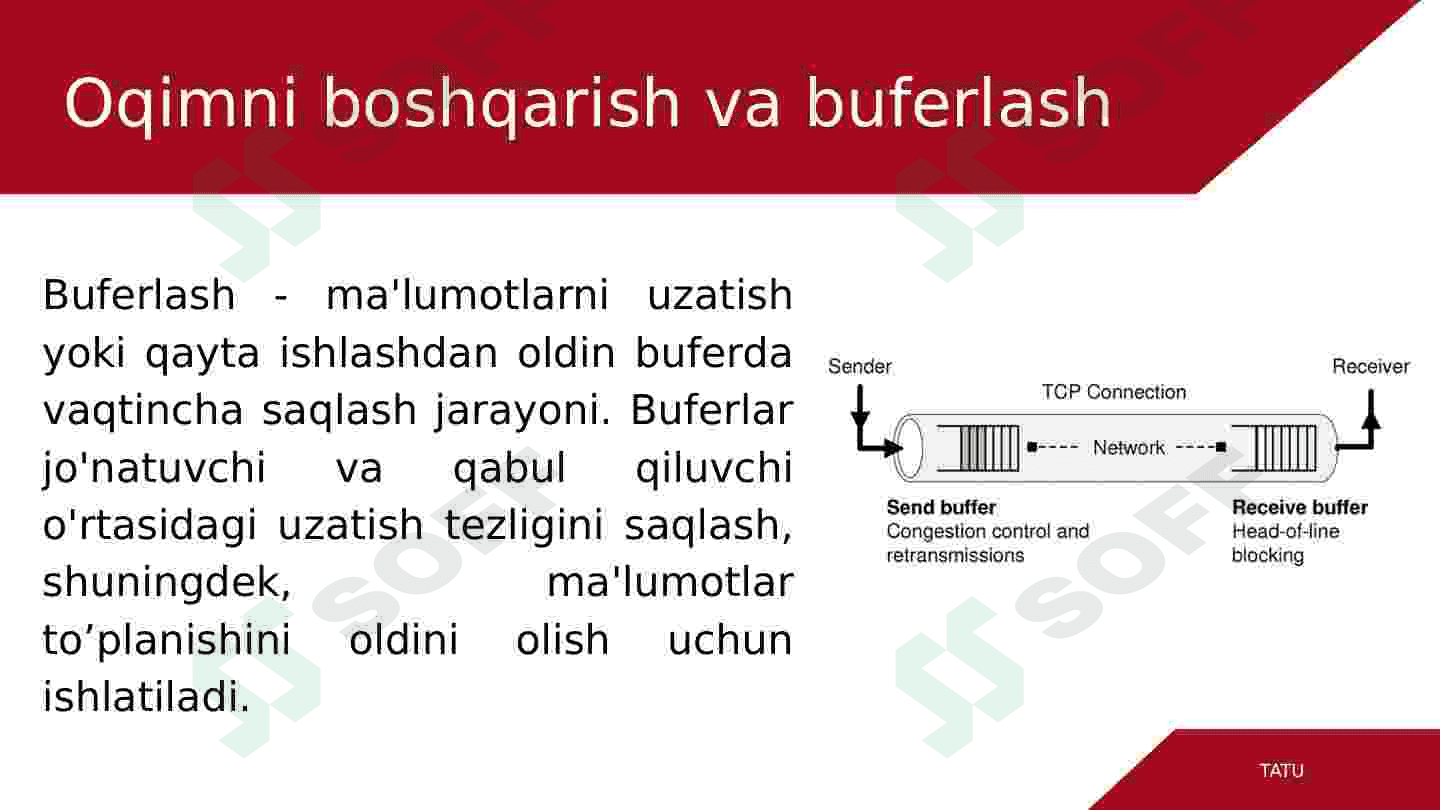 Oqimni boshqarish va buferlash. Multiplekslash va demultiplekslash. Yuklanish nazorati, Token Bucket va Leaky Bucket algoritmlari. Transport tarmoqlarini qurish usullari: PDH, SDH, SONET va DWDM texnologiyalari 4