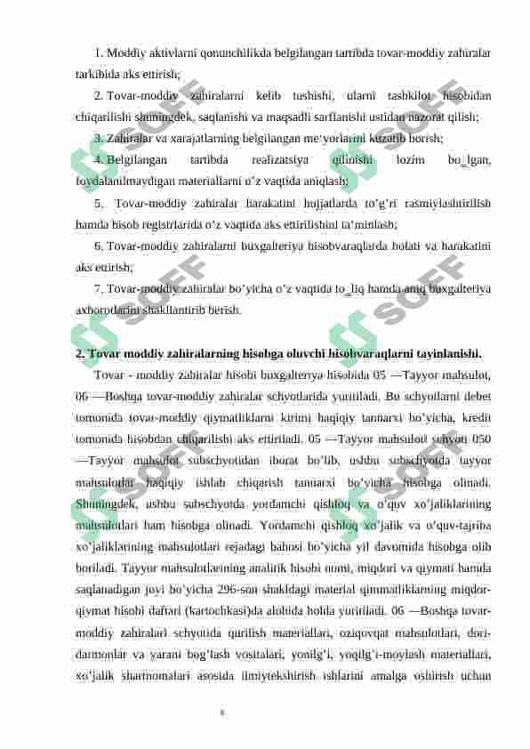 Budjet tashkilotlarida material qiymatliklarning tarkibi, tayinlanishi va hisobning vazifalari 4