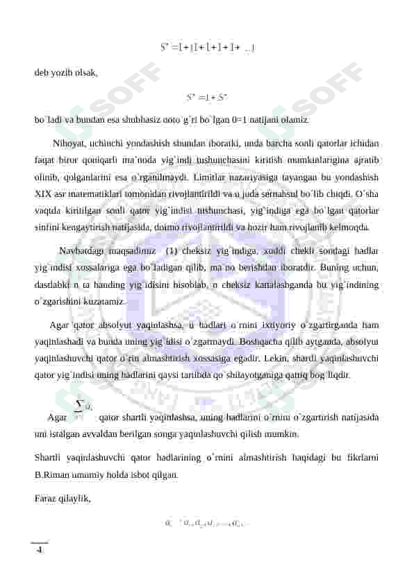 Sonli qator tushunchasi, uning yaqinlashishi va uzoqlashishi. Yaqinlashuvchi qatorlarning xossalari 4